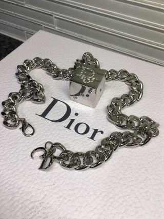 Auth Massive Vintage Christian Dior Crystal Logo Dice Silver Tone Chain Necklace 7