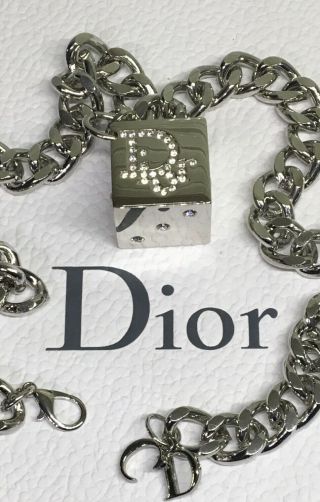 Auth Massive Vintage Christian Dior Crystal Logo Dice Silver Tone Chain Necklace 8
