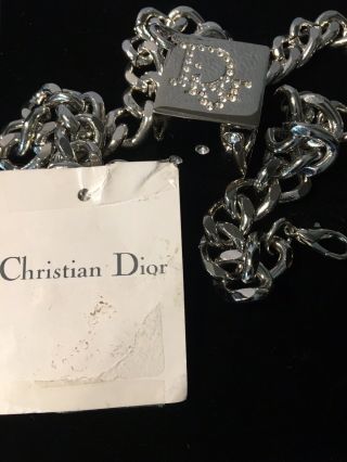 Auth Massive Vintage Christian Dior Crystal Logo Dice Silver Tone Chain Necklace 9