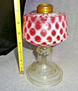 Rare Vintage 1875 M.  C.  M ? Cranberry Opalescent Diamond Optic Oil Lamp Eapg Base