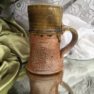 Antique Handcrafted Stoneware Pottery Tall Coffee Mug Brown Base W/green Glaze