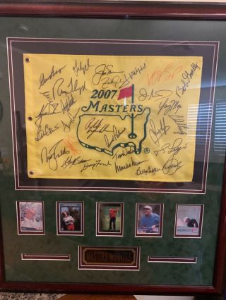 Masters Flag Signed By All Living Champions In A Frame With Vintage Player Cards