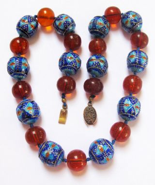 Rare Antique Chinese Amber Blue Enamel Balls Silver Clasp Beaded Necklace 18 "