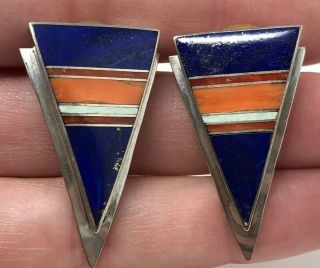 Vintage Signed Ray Tracey Knifewing Sterling Silver Inlay Lapis Coral Earrings