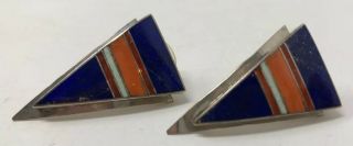 VINTAGE Signed Ray TRACEY Knifewing sterling silver Inlay Lapis Coral EARRINGS 2
