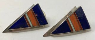 VINTAGE Signed Ray TRACEY Knifewing sterling silver Inlay Lapis Coral EARRINGS 3