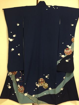 Vintage Japanese Silk Kimono Dress Furisode,  Sakura,  Mari Ball,  Navy Blue K1057