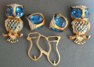 Coro Duette Sterling Silver Blue Rhinestone Enamel Owls,  Mechanism & Earrings