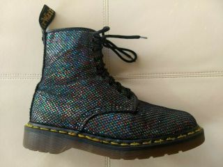 Doc Dr.  Martens Black Multi - Color Glitter Fishnet Boots England Vintage Rare 6uk