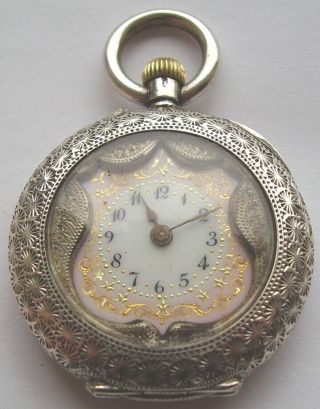 Antique Silver Pocket Watch Pretty Pink Dial Ladies Fob Watch Victorian C 1890