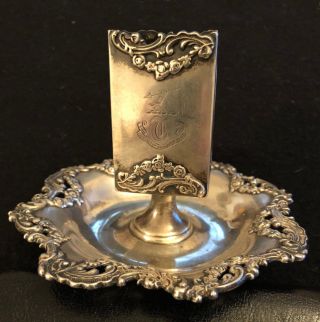 Antique Sterling Silver Ash Tray And Match Box Taylor Family Crest And Motto
