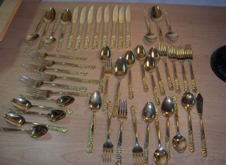 Vintage 47 Pc Set National Stainless Gold Electroplate Flatware Scroll & Floral