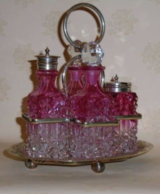 Lovely Antique Silver Plate & Pink Cranberry To Clear Cut Glass Cruet Set