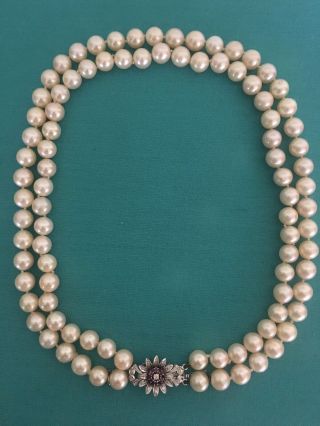 Vintage Natural Warm White South Sea Pearl Neckless 8.  5 Mm.  18kt & Diamond Clasp