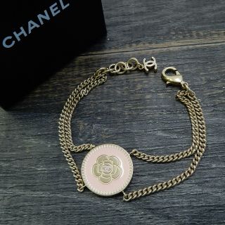Chanel Gold Plated Cc Logos Camelia Pink Charm Chain Bracelet 4375a Rise - On