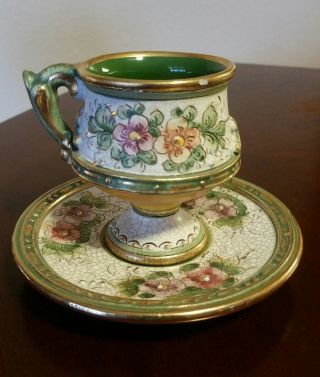 Signed Vtg Veneto Flair Floral Tea Cup Saucer Hand Etched Hand Painted Italy