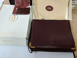 Vintage Authentic Cartier Must De Cartier Leather Clutch Bag W/ Handle