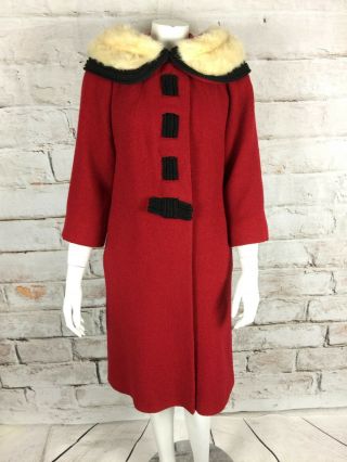 Vintage 50s 60s Lilli Russell Forstmann Red Wool Boucle Mink Collar Swing Coat