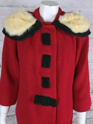 Vintage 50s 60s Lilli Russell Forstmann Red Wool Boucle Mink Collar Swing Coat 2