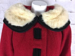 Vintage 50s 60s Lilli Russell Forstmann Red Wool Boucle Mink Collar Swing Coat 3