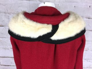 Vintage 50s 60s Lilli Russell Forstmann Red Wool Boucle Mink Collar Swing Coat 5