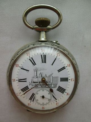 Large Vintage Antique Silver Pocket Watch Train Design Remontoir 15 Jewels