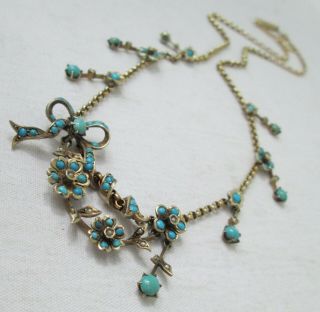 Antique Victorian Pinchbeck Seed Pearl & Turquoise Bow Lavaliere Necklace