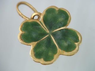 Vintage Solid 750 18k Gold Green Enamel Lucky Irish 4 Leaf Clover Charm