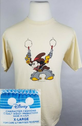 Vintage 70s 80s Mickey Mouse Cowboy Shooting Gun T - Shirt Walt Disney Rodeo Sz Xl