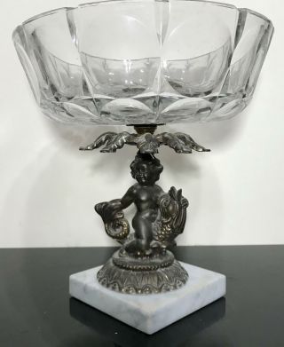 Vtg Ornate Footed Elegant French Cherub W/ Fish Art Glass Compote Bowl Stand