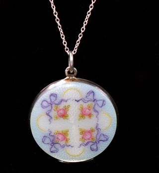Absolutely Stunning Antique Dbl Side Sterling Enamel Guilloche Locket Necklace