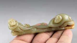 4.  2  Chinese Old Green Jade Hand - Carved Monkey Bamboo Chopsticks Holder 0901