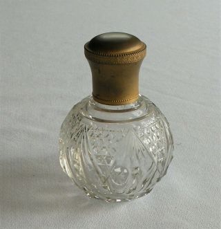 Antique Pressed Pattern Glass Perfume Bottle W/ Brass Screw Top & Glass Stopper
