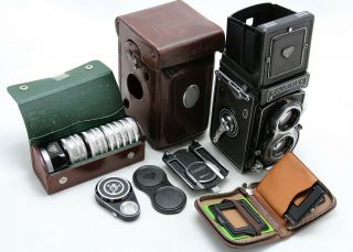 Rollei Rolleiflex T Vintage 6x6 Camera,  Lens Zeiss Tessar 3.  5/75mm,  Many Extra 
