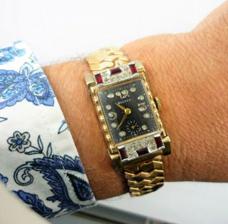 1940 ' s RARE vintage Bulova watch 8AE Art Deco with SIM RUBY AND DIAMOND CASE 2