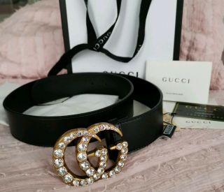 Gucci Double G Buckle With Crystals Geniune Leather Belt Antique Gold Gg