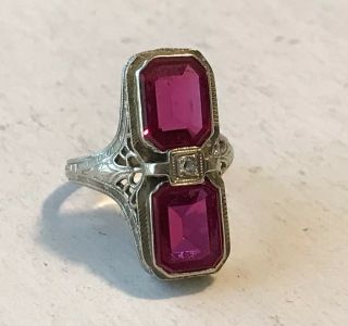 Antique Art Deco Filigree 14k White Gold Double Ruby & Diamond Ring Sz.  5