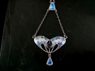 Art Nouveau Antique Enamel Silver Pendant Necklace Charles Horner 1907