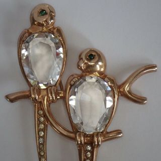 Rare Vintage Mazer Sterling Silver Emerald Crystal Rhinestone Love Birds Brooch