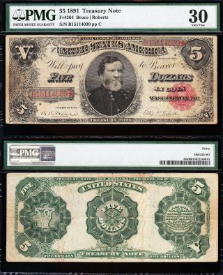 Awesome Rare Choice Vf,  1891 $5 " Thomas " Treasury Note Pmg 30 4039