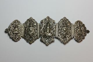 Large Indian 5 Panel Deity Belt Nurses Buckle Antique Solid Silver Asian Gods