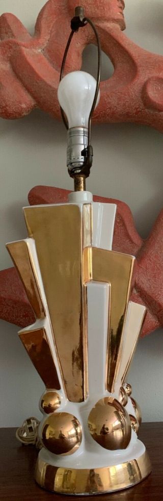 Vintage 50s C Miller Ceramic Lamp Mid Century Modern Atomic Era Deco Gold White