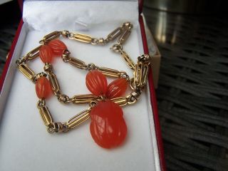 Antique Vintage Art Deco 14k Gold Chinese Fancy Link Carnelian Necklace