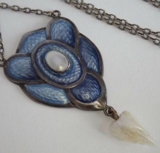 Rare Antique Arts & Crafts Sterling Silver Blue Enamel Pearl Pendant Necklace