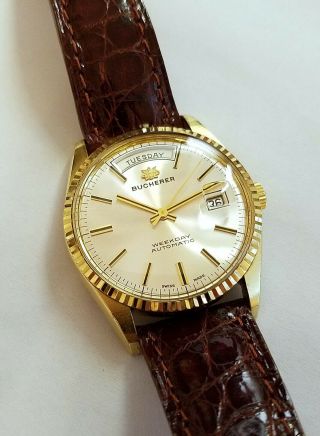 Stunning Vintage Bucherer Day Date Circa 1970s Rolex President Style Gold Watch