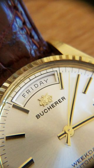 Stunning Vintage Bucherer Day Date circa 1970s Rolex President Style Gold Watch 2