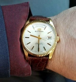 Stunning Vintage Bucherer Day Date circa 1970s Rolex President Style Gold Watch 3