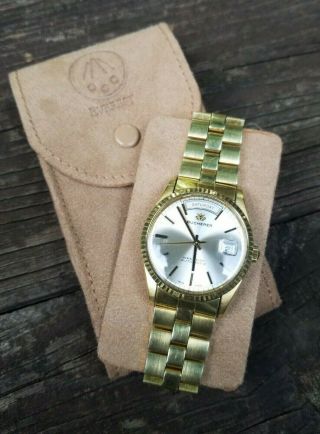 Stunning Vintage Bucherer Day Date circa 1970s Rolex President Style Gold Watch 4