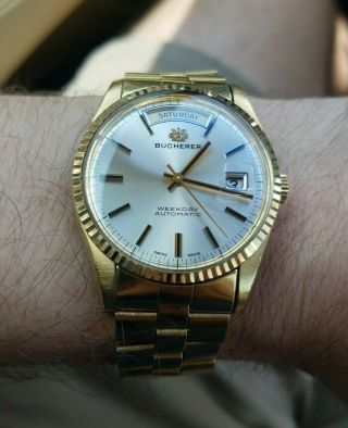 Stunning Vintage Bucherer Day Date circa 1970s Rolex President Style Gold Watch 5