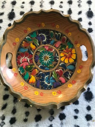 Vintage Hand Painted 13 Inch Oval Wooden Bowl Floral Decor